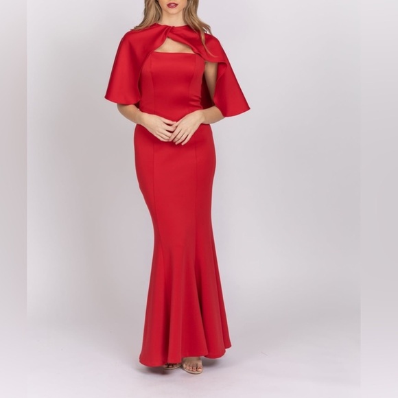 Black Halo Cristanta Caplet Mermaid Gown Molten Red Size 10 Sleeved Satin Maxi - Picture 1 of 13